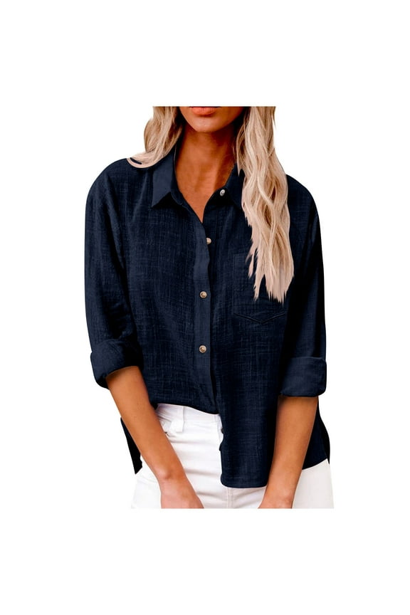 Boho Tops for Women Linen Fall Tops Plus Size Button Down Shirt Dressy Casual Long Sleeve Gauze Blouse Trendy Boho Outfits Navy S