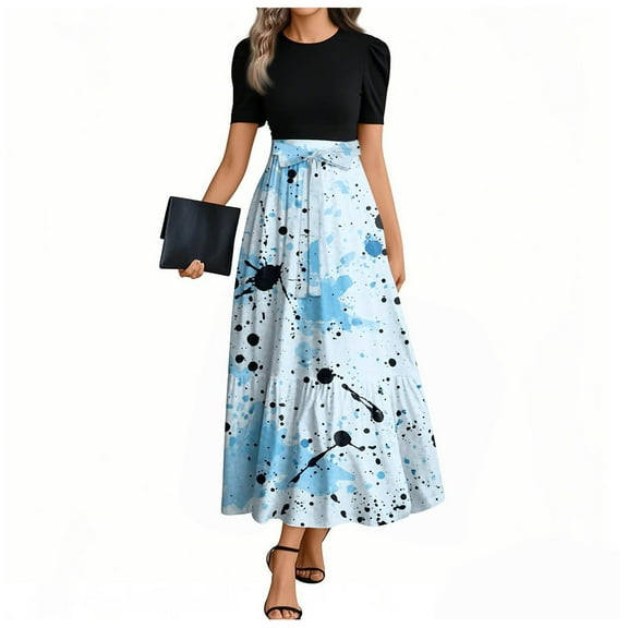 TQWQT Business Dresses for Women Church Maxi Short Sleeve Teacher Dress Summer Dresses Floral Print Empire Waist Shirt Dresses Wedding Guest Modest Clothing Royal Blue M