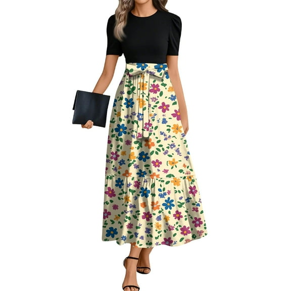 TQWQT Business Dresses for Women Short Sleeve Teacher Dress Floral Print Casual Maxi Dresses Long Flowy Patchwork Ruffle Hem A Line Dresses Formal Business Casual Outfits Saffron M