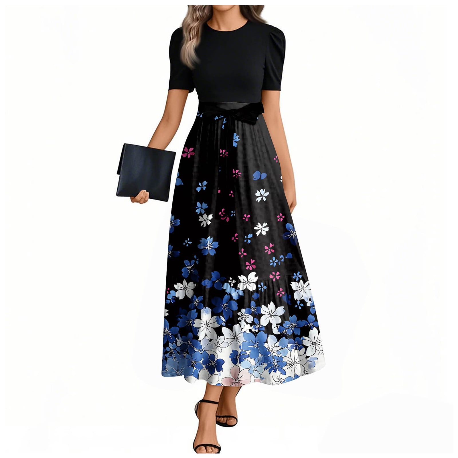 floral business casual dress Vintamour Vintage Elegant Women's Summer Dress With Silhouette Flowers, Wide Waist Belt And Umbrella Dress Teacher Clothes Concert Women Outfit Floral Dress Formal Dress Old Money Style Business Casual Women Work Dress