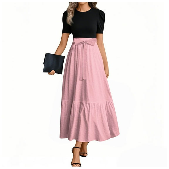 TQWQT Business Dresses for Women Short Sleeve Modest Teacher Dresses Plain Print Cute Empire Waist Patchwork Ruffle Hem A Line Dresses Formal Office Attire Pink 2XL