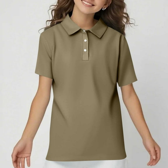 TQWQT Camel Golf Polo Shirts for Girl Size 9-10 2025 Short Sleeve Summer Tops Button V Neck Kids Casual Collared Shirt Dressy Blouses 140