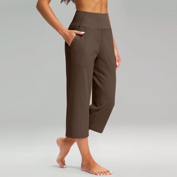 TQWQT Capri Leggings for Women High Waist Leggings Crop Capris Wide Leg Capri Pants with Pockets Athletic Exercise Tummy Control Cropped Pants Coffee 2XL