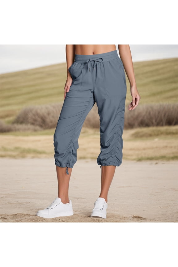 TQWQT Capri Pants for Women Plus Size Cropped Pants Quick Dry Drawstring Workout Work Cargo Joggers Summer Stretch Active Pants with Pockets Royal Blue XL