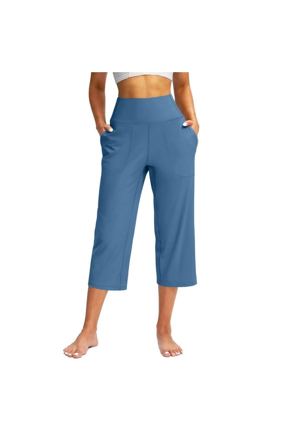 Capri Pants for Women Dressy Casual Pedal Pushers Knee Length High Waisted Trendy Summer Knee Length Cropped Trouser with Pockets Blue XL