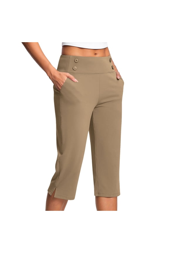 Capris for Women Plus Size High Waist Exercise Capri Yoga Pants with Pockets Tummy Control Khaki Leggings Straight Leg Athletic Workout Capris M
