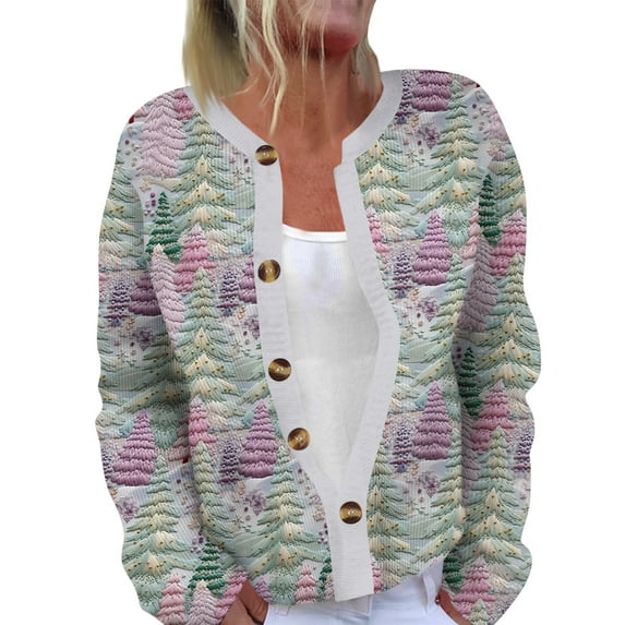 TQWQT Cardigans for Women Plus Size Open Front Ugly Christmas Cardigan Sweater Santa Xmas Tree Print Cute Graphic Sweater Button Down Cardigan Women Clothes Light Purple M