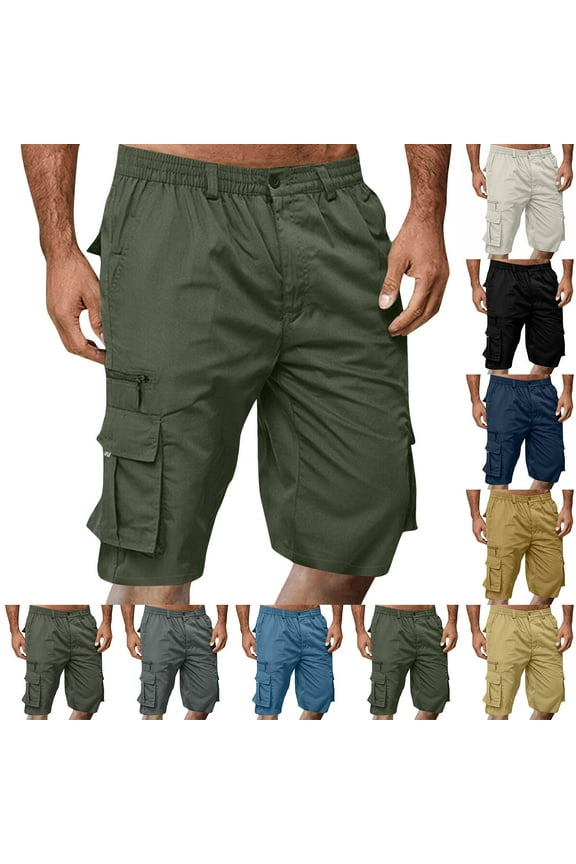 Cargo Shorts Men Bermuda Shorts Knee Length Elastic Waist Hiking Shorts with Pockets Dressy Casual Big and Tall Black L
