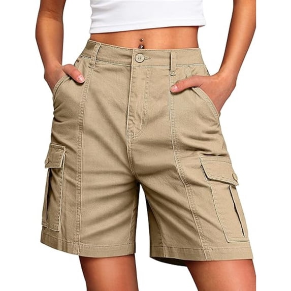 TQWQT Cargo Shorts Women Bermuda Shorts 7 Inch Inseam Elastic Waist Hiking Shorts Dressy Casual Long Shorts with 6 Pockets Khaki XL