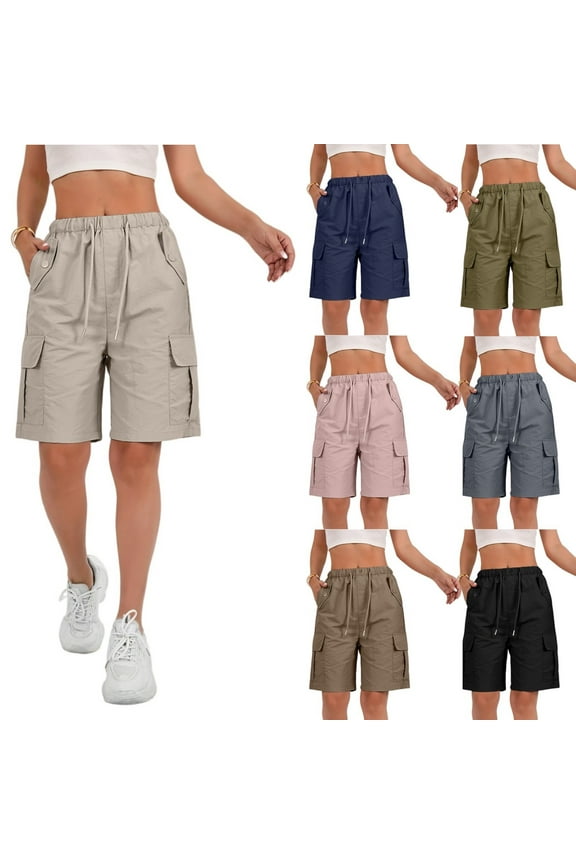 TQWQT Cargo Shorts Women Bermuda Shorts Knee Length 7 Inch Inseam Elastic Waist Knee Length Shorts Dressy Casual Hiking Shorts with Pockets Dark Gray XL