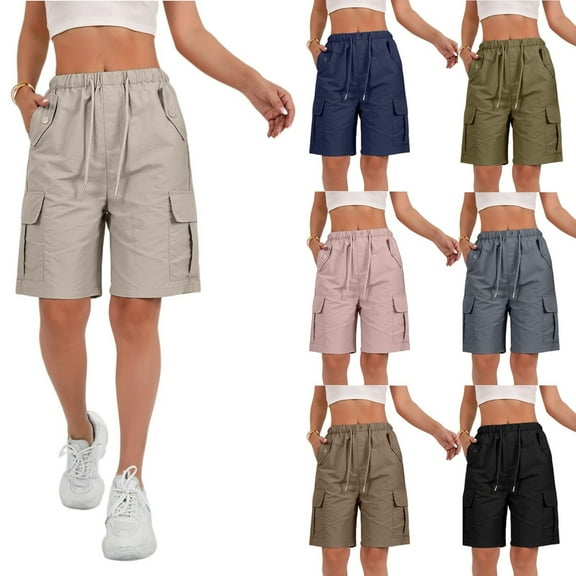 TQWQT Cargo Shorts Women Bermuda Shorts Knee Length 7 Inch Inseam High Waisted Hiking Shorts Dressy Casual Quick Dry Shorts with Pockets Black L
