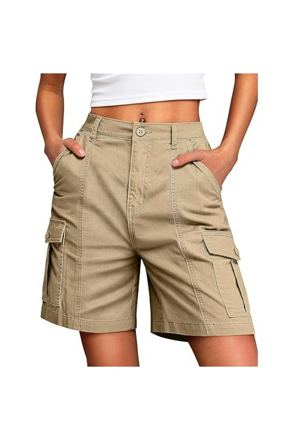 Cargo Shorts Women Dressy Casual Bermuda Shorts Knee Length Elastic Waist Light Weight Shorts Trendy Summer Long Shorts with 6 Pockets Khaki M