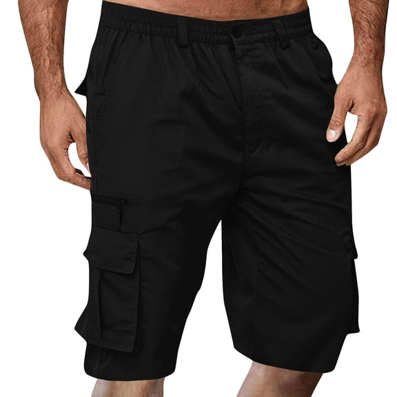 TQWQT Cargo Shorts for Men Summer Long Shorts Knee Length Elastic Waist Bermuda Shorts with Pockets Big and Tall Black 4XL