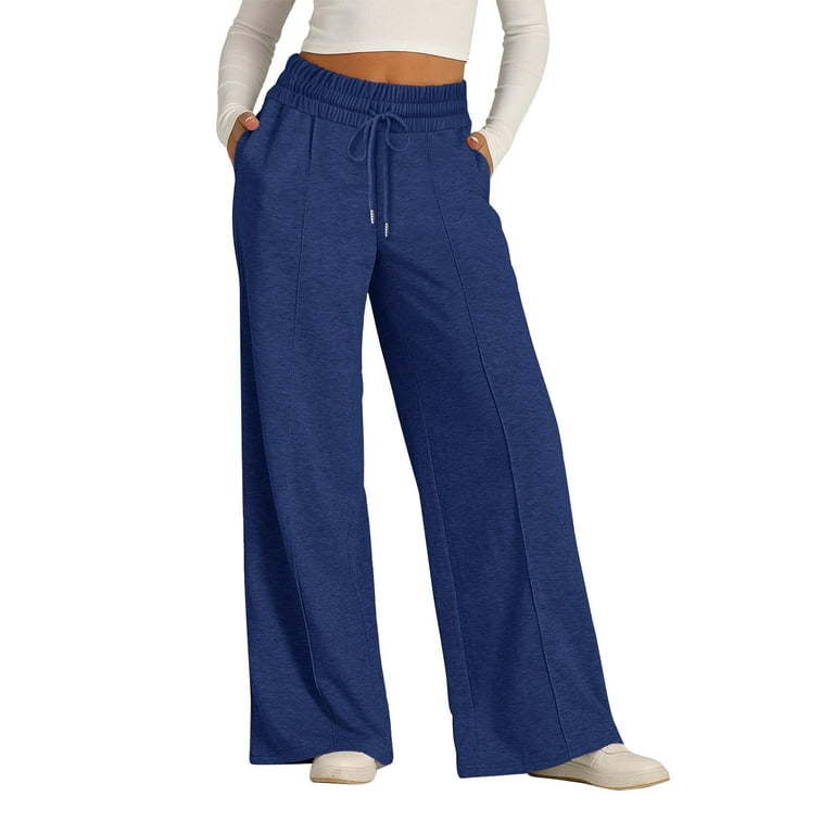 TQWQT Cargo Wide Leg Sweatpants for Women Cotton Elastic Drawstring Yoga  Sweatpants Athletic Low Waisted Lounge Pants with Pockets Dark Blue M