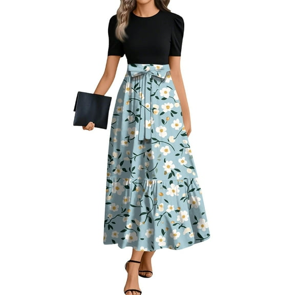 TQWQT Casual Dresses for Women Short Sleeve Floral Print Cute Teacher Dresses Empire Waist Office Patchwork Ruffle Hem A Line Dresses Formal Teacher Outfits Light Blue XL