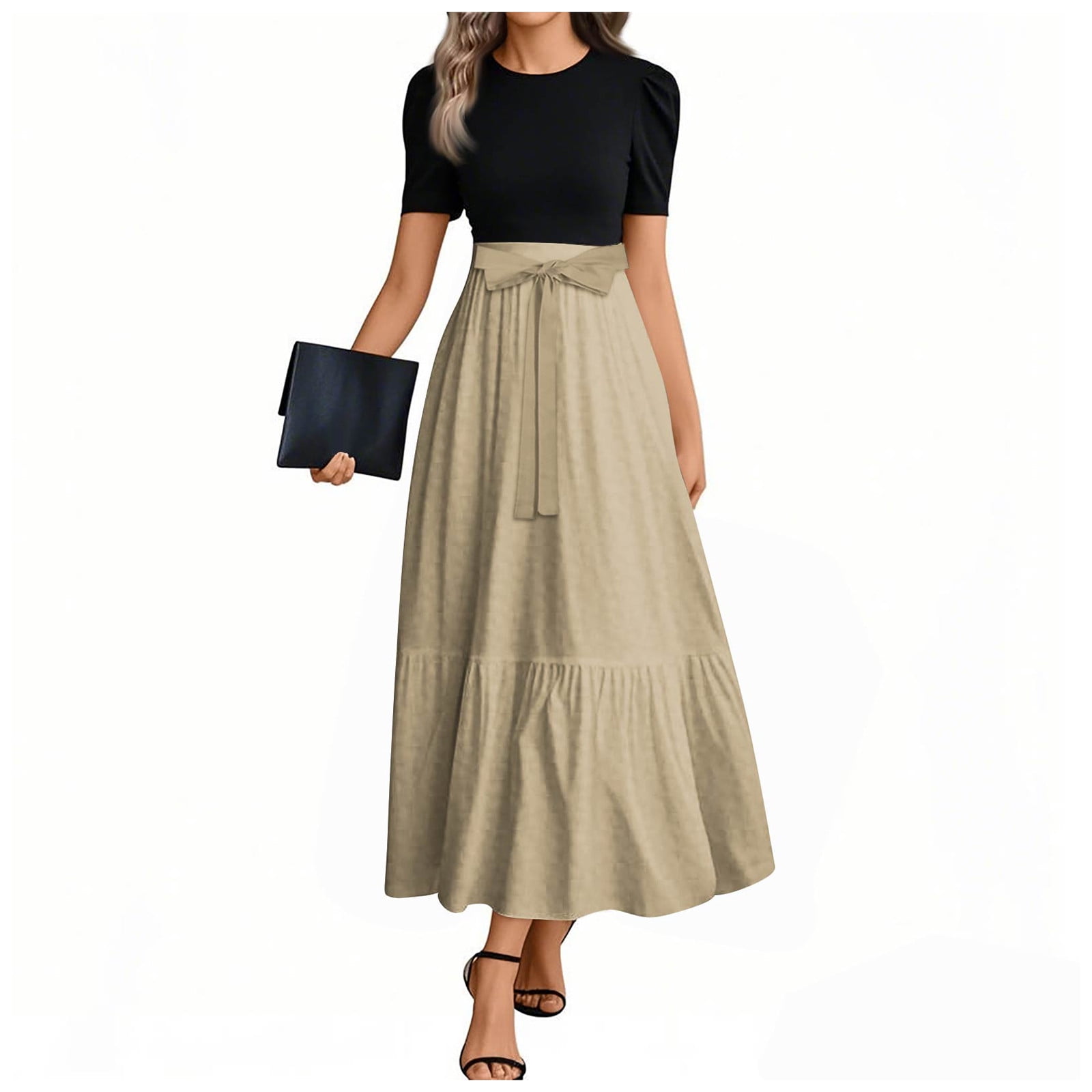 Tqwqt Casual Dresses for Women Modest Cute Short Sleeve Teacher Dress Plain Print Long T-Shirt Dress Plus Size Business Casual Outfits Khaki S