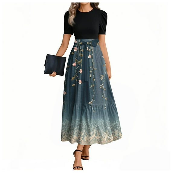 TQWQT Casual Dresses for Women Short Sleeve Work Maxi Dresses Floral Print Long Empire Waist Patchwork Ruffle Hem A Line Dresses Wedding Guest Teacher Clothes Navy XL