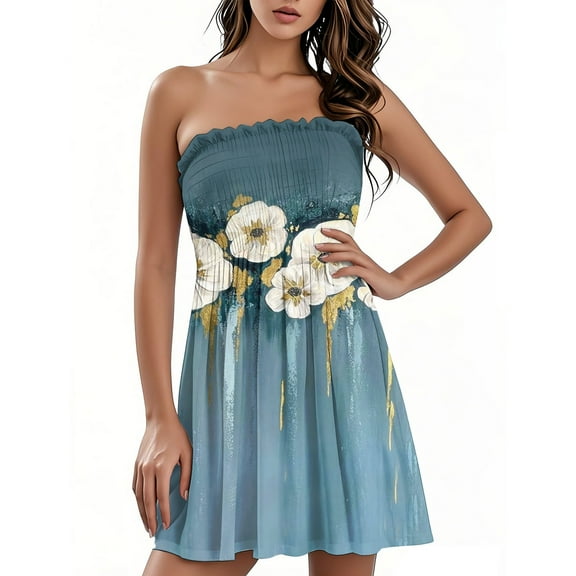 TQWQT Casual Summer Dresses for Women Vacation Beach Swimsuit Cover Up Strapless Plus Size Dresses Floral Print Tube Top Sundresses Blue XXL