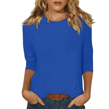 TQWQT Casual Tops for Women 2024 Solid Color Basic Tees 3/4 Length Sleeve T-Shirt Comfy Loose Fit Pullover Shirt Spring Summer Blouse Blue M