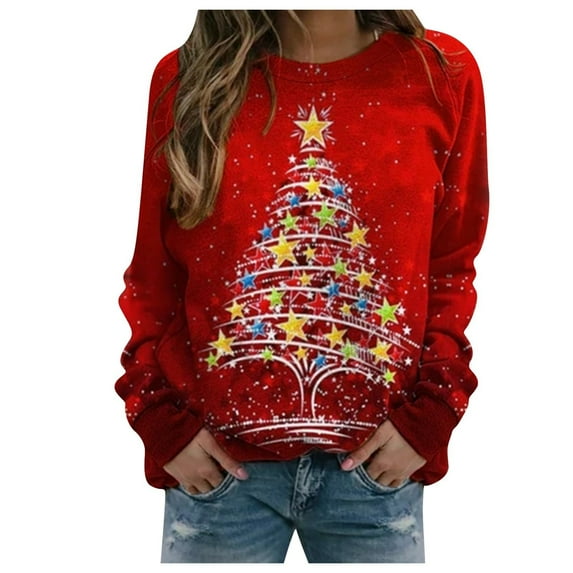 TQWQT Christmas Sweater for Women Ugly Santa Xmas Tree Wine Glass Graphic Shirt Merry Christmas Pullover Top