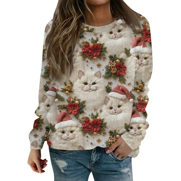 TQWQT Christmas Sweater for Women Ugly Santa Xmas Tree Wine Glass Graphic Shirt Merry Christmas Pullover Top
