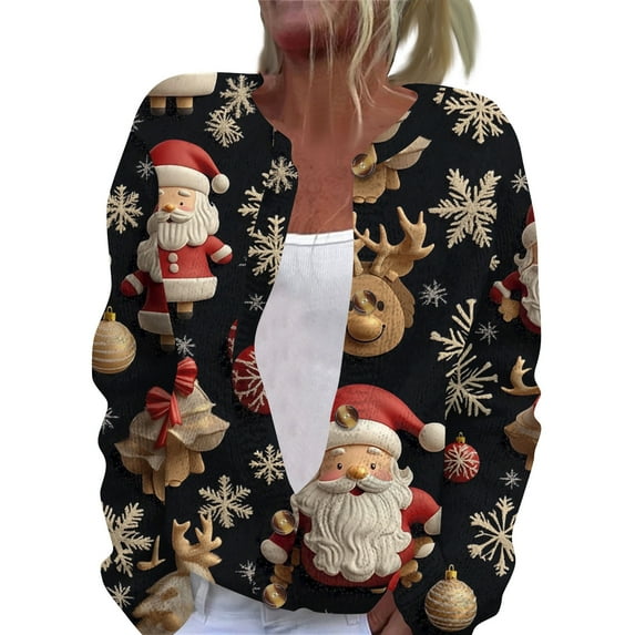 TQWQT Christmas Sweaters for Women 2024 Graphic Ugly Christmas Cardigan Sweater Open Front Santa Xmas Tree Print Cute Graphic Button Down Sweater Cardigans Women Plus Size Sweaters Black XL