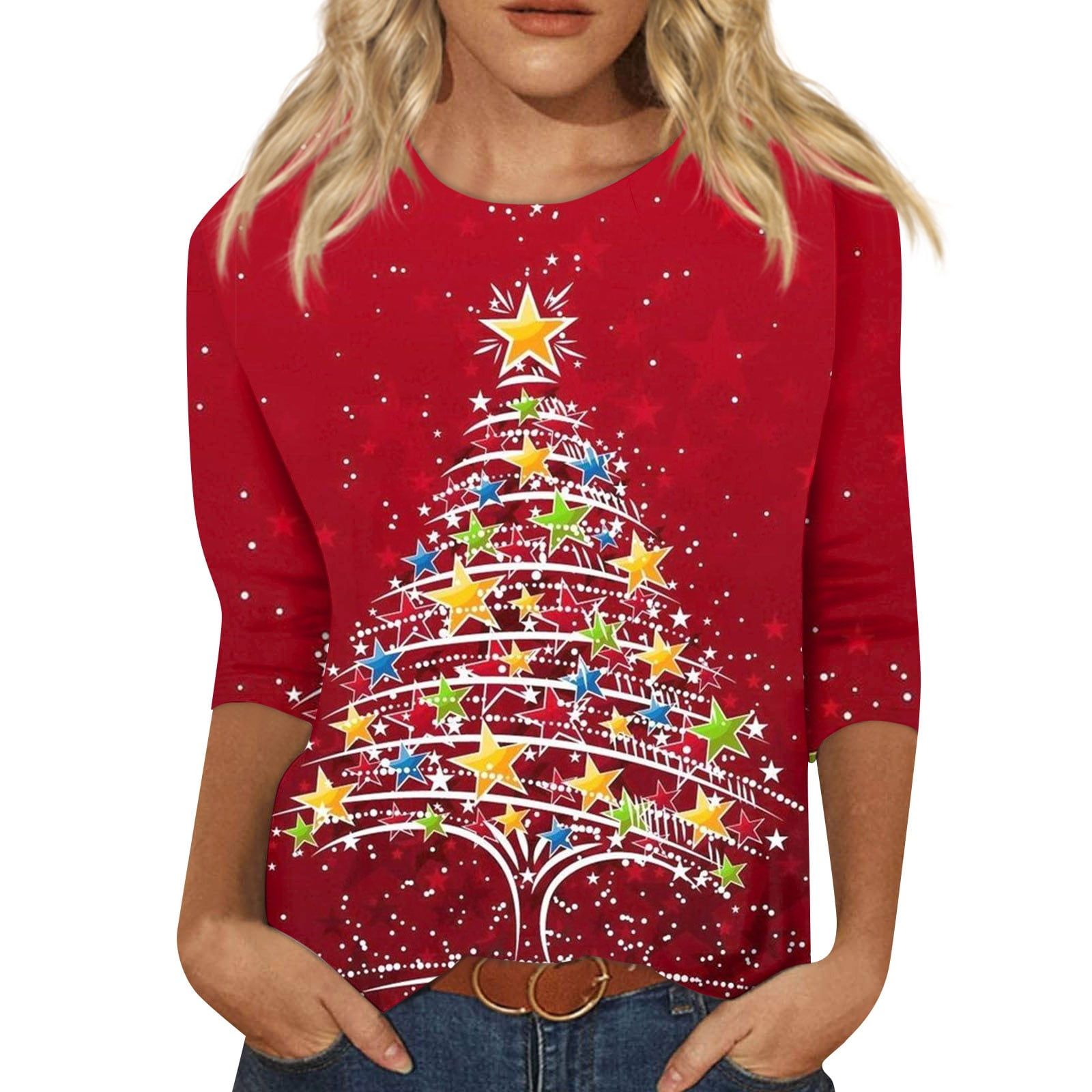TQWQT Christmas Tops for Women Dressy Casual Holiday Summer Spring 3 4 Sleeve T Shirts Cute Funny Pullover Tee Shirts Top Red XXL Walmart