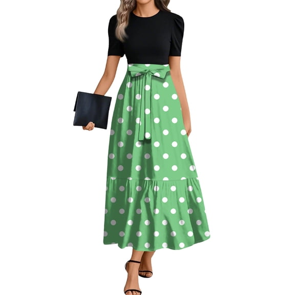 TQWQT Church Dresses for Women Short Sleeve Teacher Dress modest church Dresses Polka Dot Print Maternity Long Patchwork Ruffle Hem A Line Dresses Wedding Guest Modest Clothing Green XXL