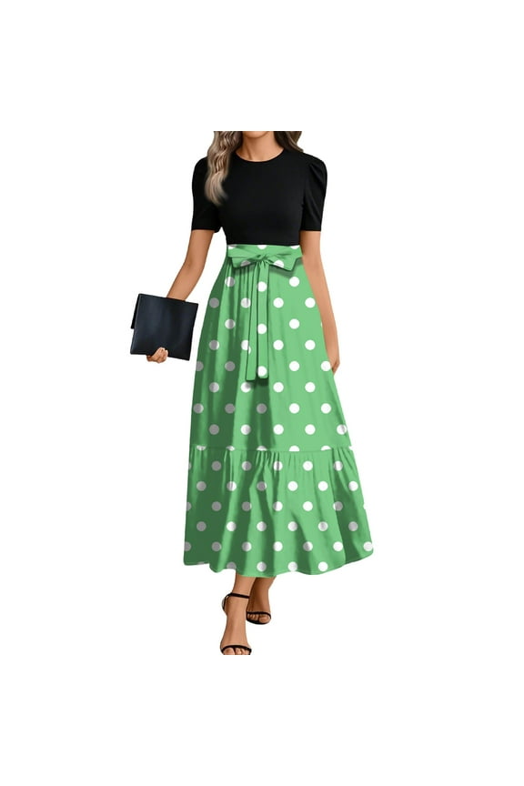 TQWQT Church Dresses for Women Short Sleeve Teacher Dress modest church Dresses Polka Dot Print Maternity Long Patchwork Ruffle Hem A Line Dresses Wedding Guest Modest Clothing Green XXL