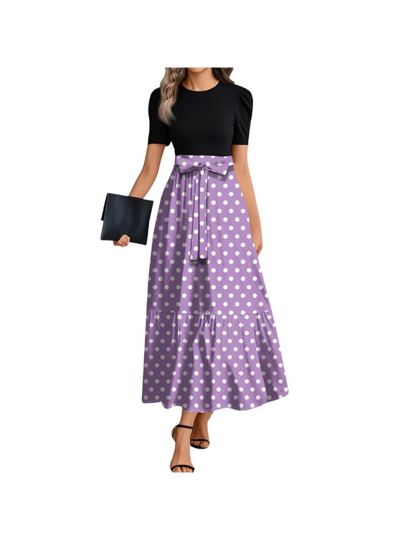 Church Dresses for Women Work Flowy Short Sleeve Teacher Dress Summer Dresses Polka Dot Print Empire Waist T-Shirt Dress Plus Size Modest Clothing Purple XL