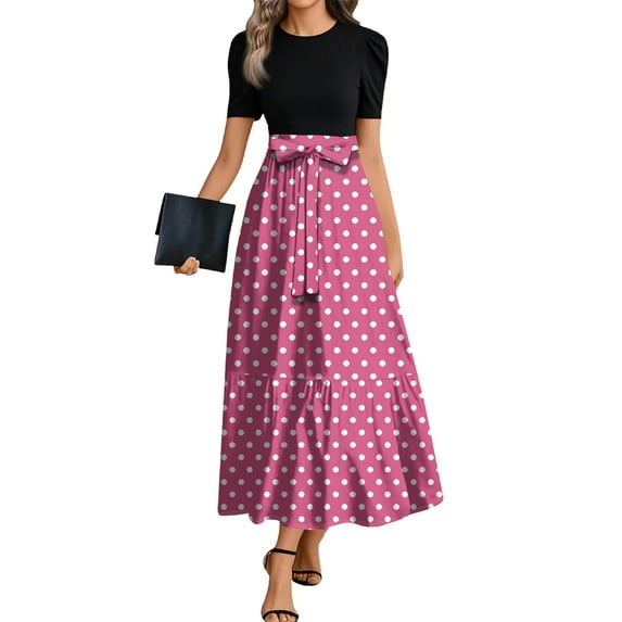 TQWQT Church Dresses for Women Work Trendy Short Sleeve Maxi Dresses Polka Dot Print Patchwork Ruffle Hem A Line Dresses Elegant Teacher Outfits Hot Pink S