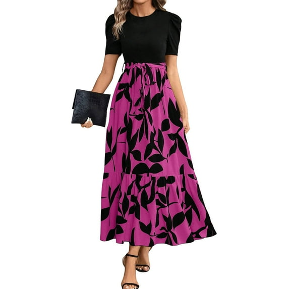 TQWQT Church Dresses for Women Short Sleeve Floral Print Business Maxi Dresses Long Trendy Patchwork Ruffle Hem A Line Dress Wedding Guest Teacher Outfits Hot Pink 2XL