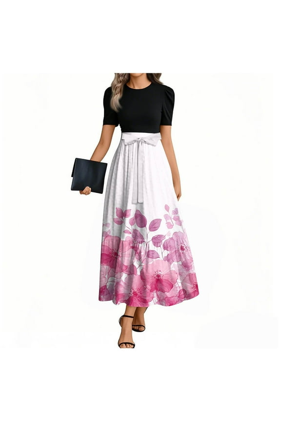 TQWQT Church Dresses for Women Short Sleeve Floral Print Flowy Maxi Dresses Empire Waist Summer Patchwork Ruffle Hem A Line Dress Plus Size Teacher Clothes Pink L