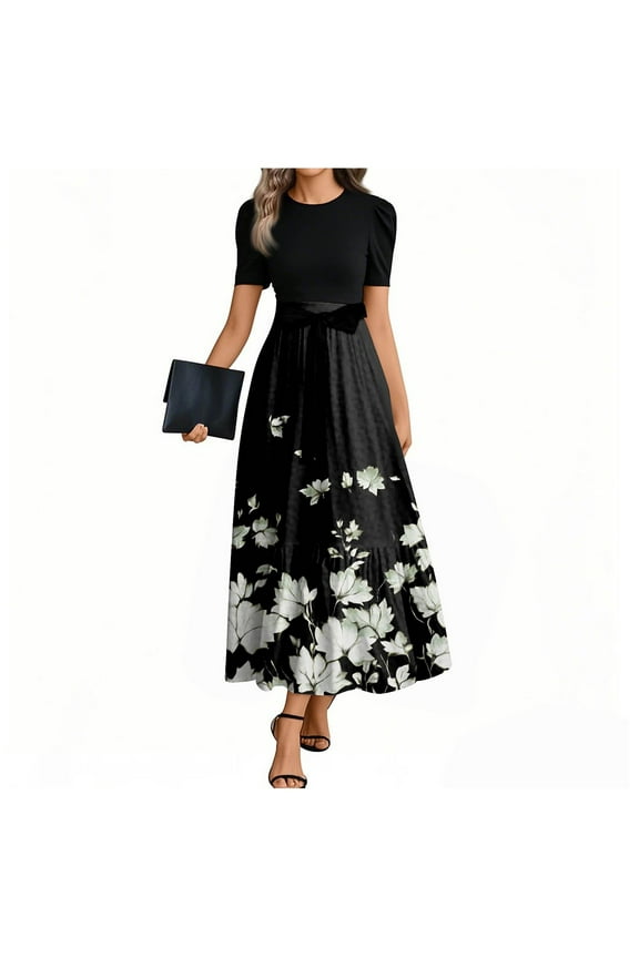 TQWQT Church Dresses for Women Short Sleeve Teacher Dress Work Maxi Dresses Floral Print Flowy Long Patchwork Ruffle Hem A Line Dress Fashion Funeral Outfit Black 2XL