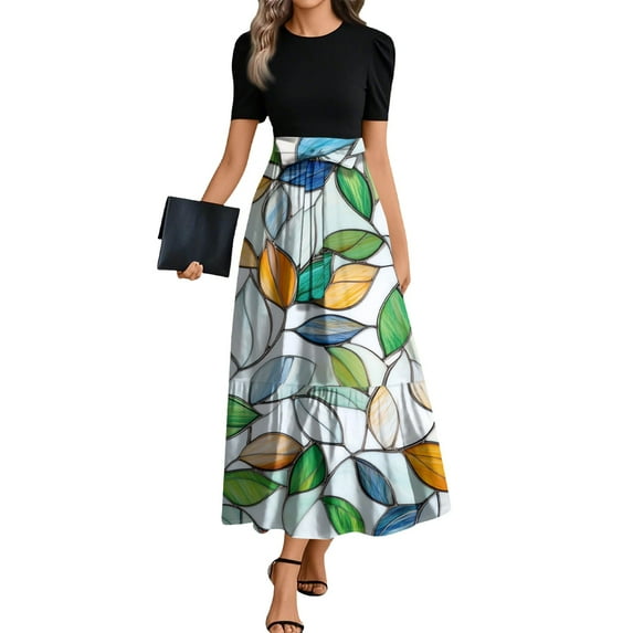 TQWQT Church Dresses for Women Short Sleeve Work Maxi Dresses Floral Print Flowy Empire Waist T-Shirt Dress Fashion Teacher Outfits Green XL