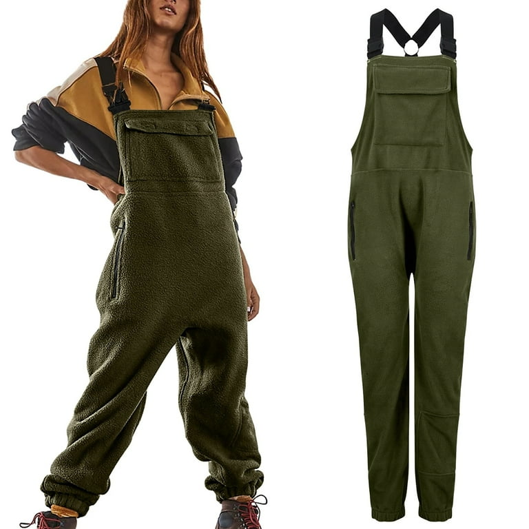 TQWQT Clearance Women s Winter Fleece Overalls Loose Bib Pants Adjustable Strap Sleeveless Fuzzy Warm Jumpsuits Army Green S