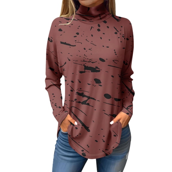 TQWQT Cowl Neck Tops for Women Plus Size Color Block Printed T Shirts Mockneck Long Sleeve Loose Fit Curved Hem Graphic Tee Fall Outfits 2024 Vermilion 3XL