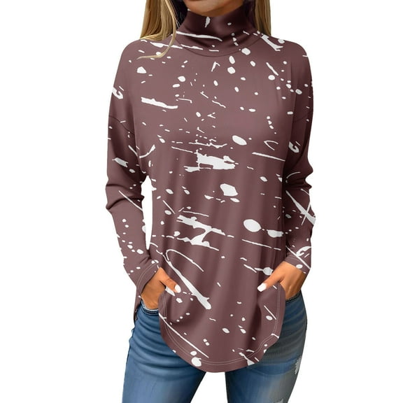 TQWQT Cowl Neck Tops for Women Plus Size Color Block Printed Tunic Top Long Sleeve Loose Fit Shirt Fall Mockneck T-Shirt Curved Hem Graphic Tee Light pink 3XL