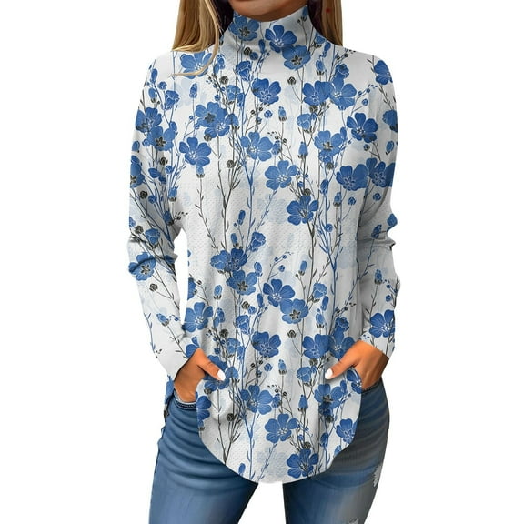 TQWQT Cowl Neck Tops for Women Plus Size Floral Printed T-Shirt Turtleneck Long Sleeve Loose Fit Curved Hem Graphic Tee Fall Outfits 2024 Tunic Top Blue M