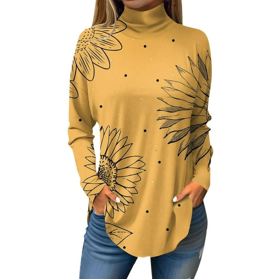 TQWQT Cowl Neck Tops for Women Plus Size Floral Printed Tunic Top Long Sleeve Loose Fit Shirt Fall Mockneck T-Shirts Curved Hem Graphic Tee Yellow 2XL