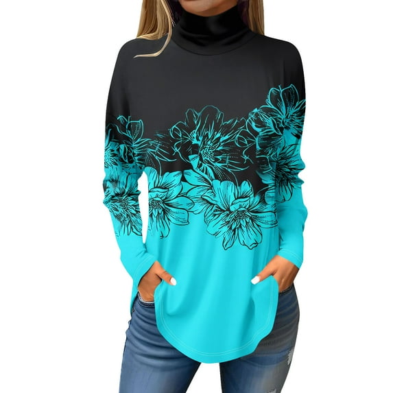 TQWQT Cowl Neck Tops for Women Plus Size Floral Printed Tunic Top Long Sleeve Loose Fit Shirt Fall Mockneck T Shirts Trendy Curved Hem Graphic Tee Blue 2XL