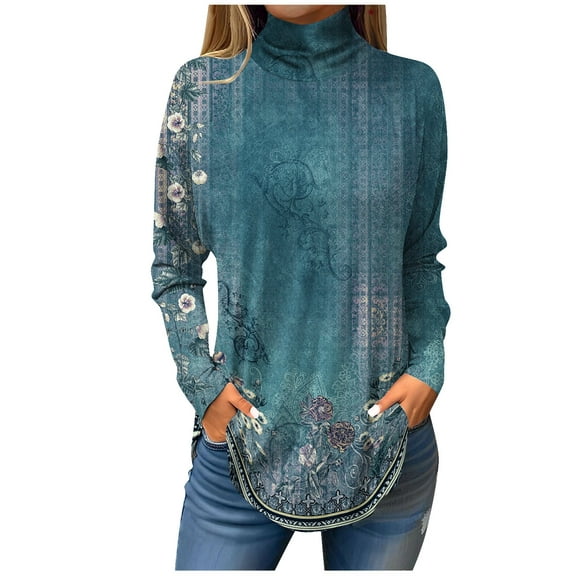 TQWQT Cowl Neck Tops for Women Plus Size Floral Printed Tunic Top Long Sleeve Loose Fit Shirt Fall Turtleneck T-Shirts Curved Hem Graphic Tee Turquoise L