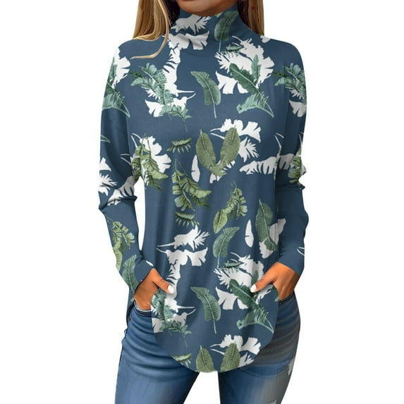 TQWQT Cowl Neck Tops for Womens Fall Floral Printed Tunic Top Long Sleeve Plus Size Shirt Loose Fit Turtleneck T-Shirt Curved Hem Graphic Tee Blue 2XL