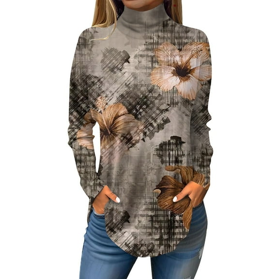 TQWQT Cowl Neck Tops for Women Plus Size Floral Printed T Shirts Turtleneck Long Sleeve Loose Fit Curved Hem Graphic Tee Fall Outfits 2024 Gray L
