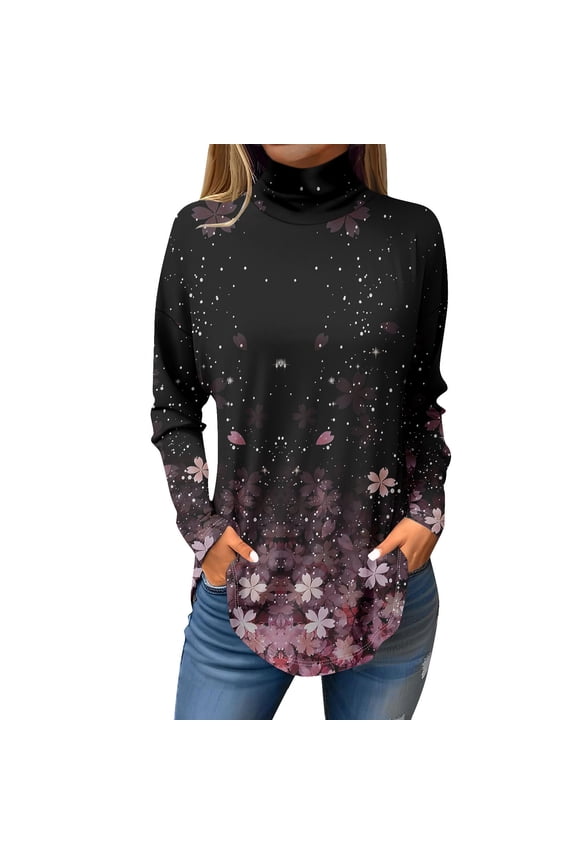 TQWQT Cowl Neck Tops for Women Plus Size Floral Printed T Shirts Turtleneck Long Sleeve Loose Fit Curved Hem Graphic Tee Fall Outfits 2024 Pink L