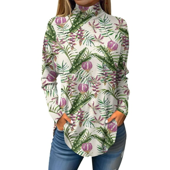 TQWQT Cowl Neck Tops for Women Plus Size Floral Printed Tunic Top Long Sleeve Loose Fit Shirt Fall Mockneck T-Shirt Curved Hem Graphic Tee Beige M