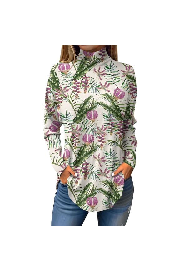 Cowl Neck Tops for Women Plus Size Floral Printed Tunic Top Long Sleeve Loose Fit Shirt Fall Mockneck T-Shirt Curved Hem Graphic Tee Beige M