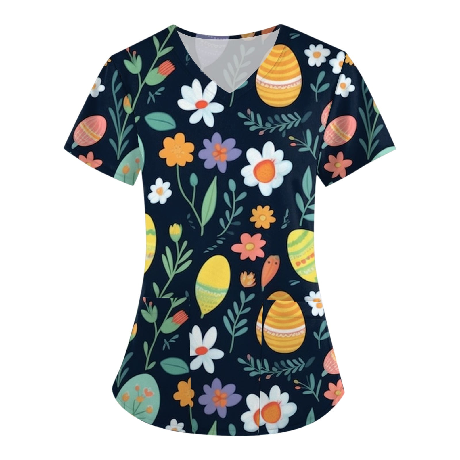 TQWQT Cute Cartoon Bunny Print Women's Easter Scrub Tops with Designs