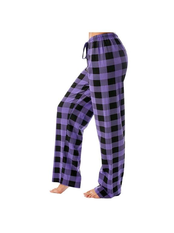 Cute Pajama Pants Plaid Comfy Matching Cute Pants Wide Leg Christmas Pajama Fuzzy Drawstring Sleep Pajama Bottoms Purple M