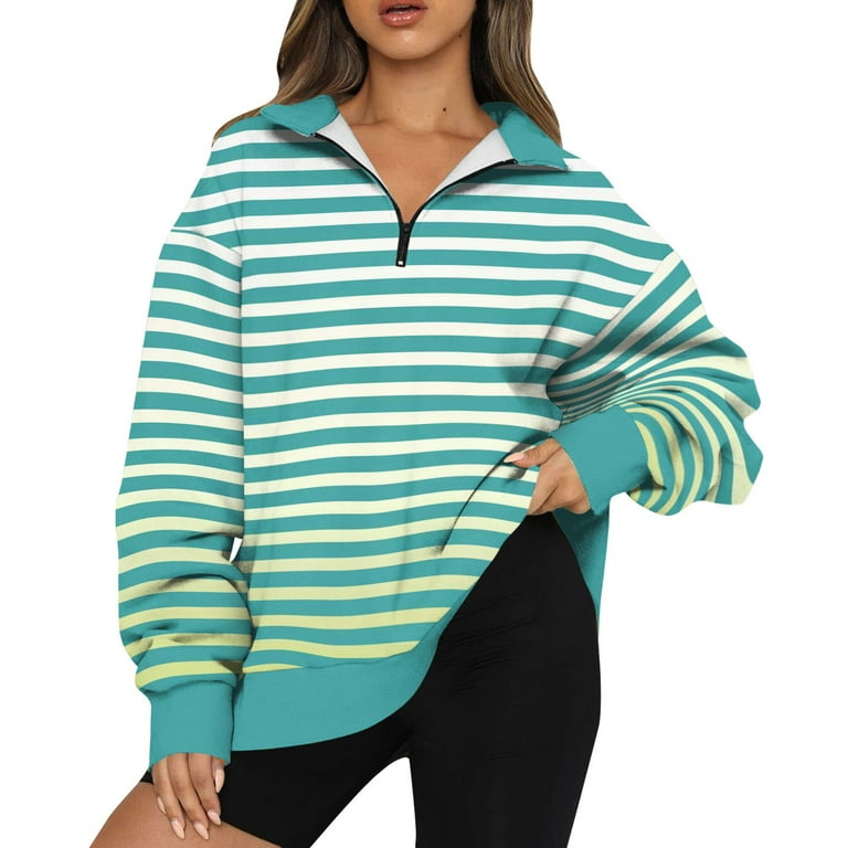 TQWQT Cyan Hoodie for Women Striped Color Block 1 4 Zip Pullover Quarter Zip up Oversized Sweatshirt Trendy Long Sleeve Fashion Hoodie Essentials Fall Sweater Cyan M Walmart